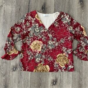 Y2K lace floral women’s blouse size large v-neck red 3 quarter sleeve